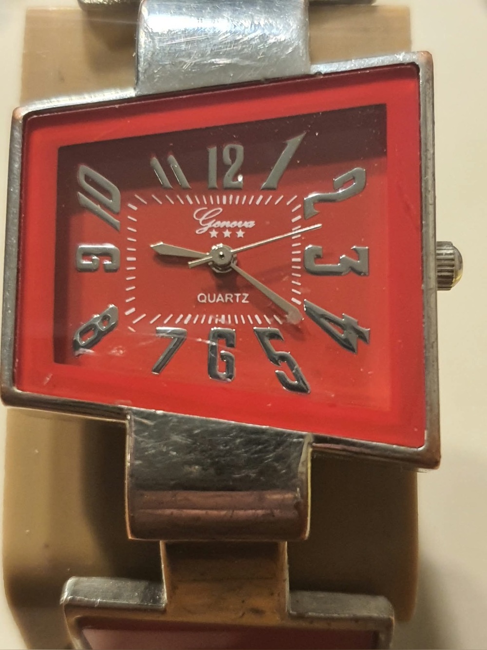 🦋10/$20🦋 Geneva Platinum Silver/Red Stainless Steel Women's Cuff Watch